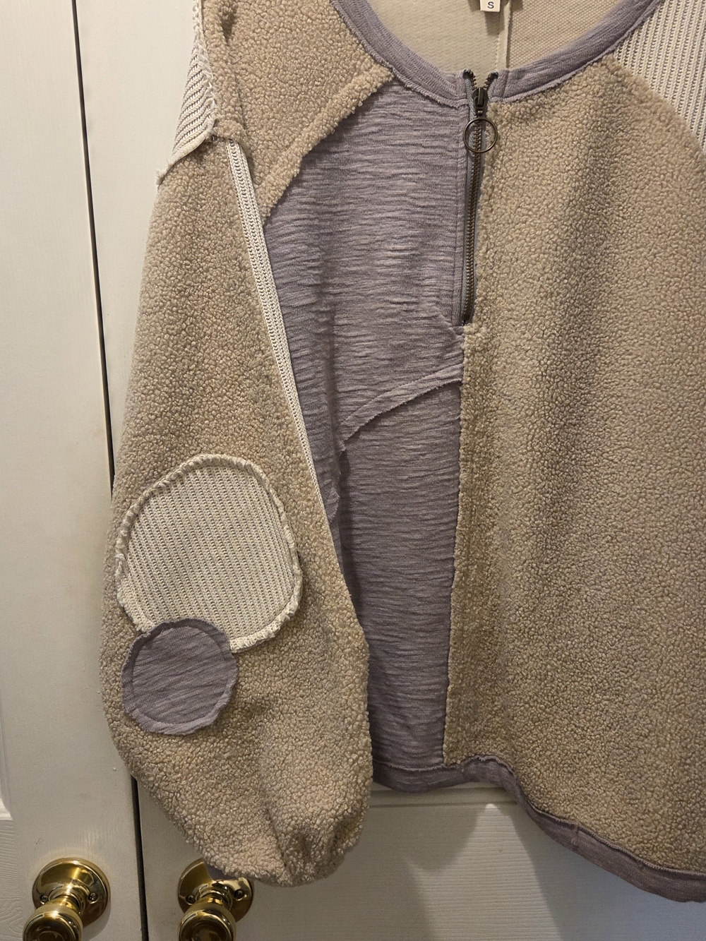 POL Neutral Beige Sherpa Jacket with Lavender Trim